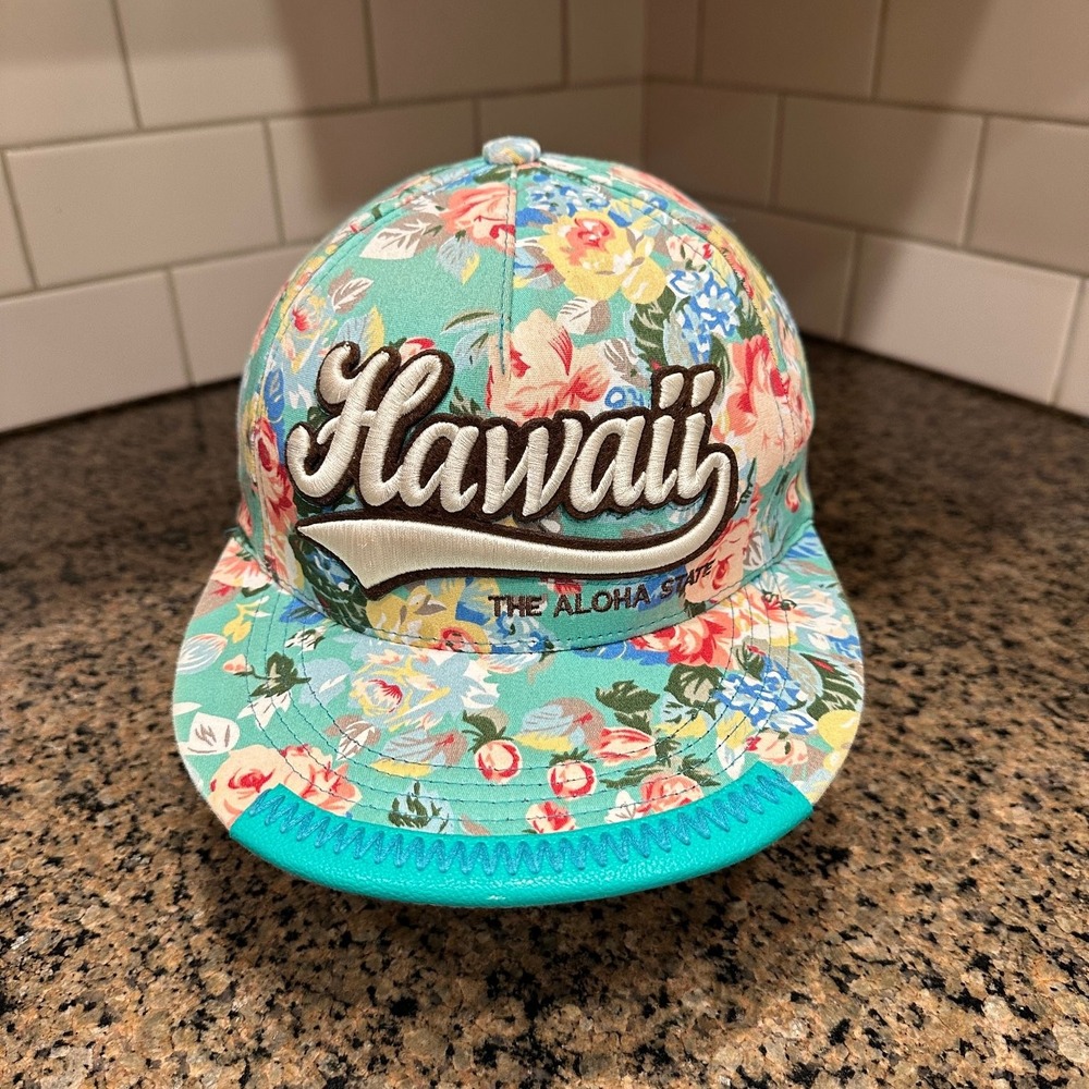Hawaii Aloha State Floral Robin Ruth Hat Teal Snapback